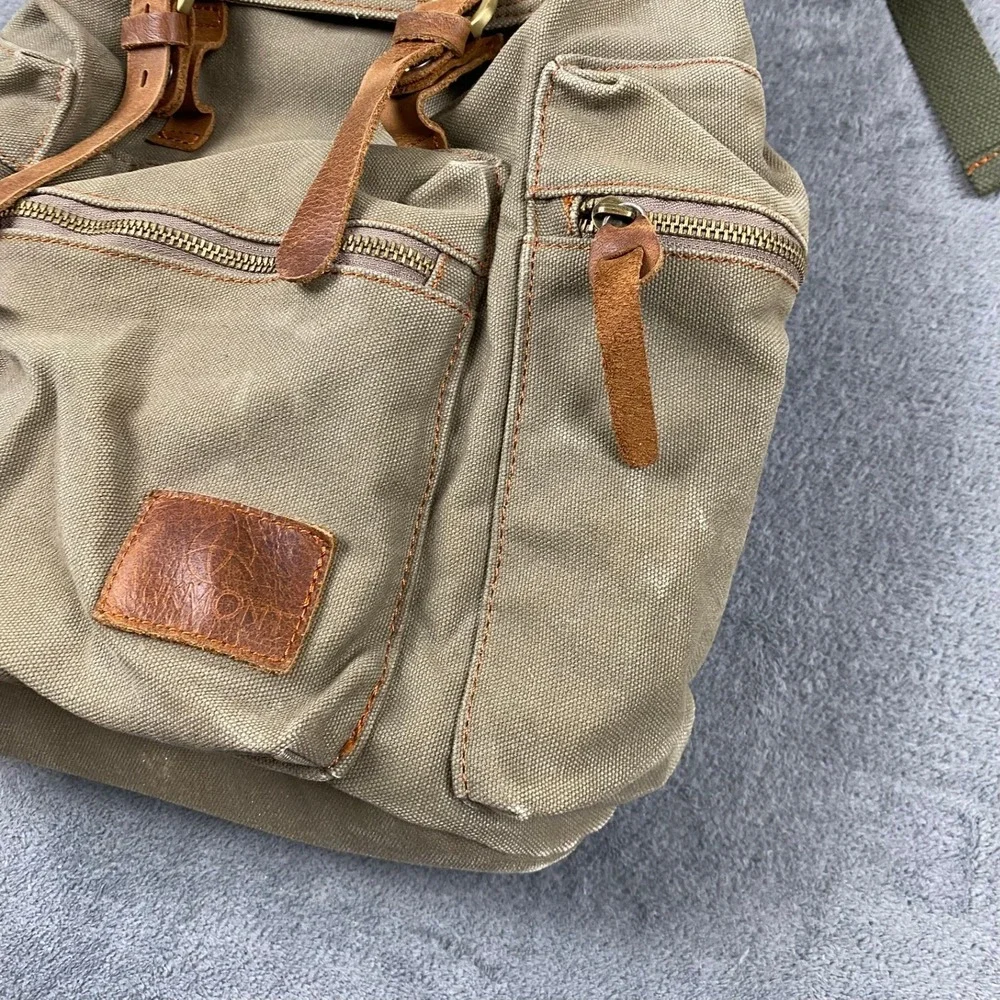 Aukmont Womens Large Backpack Olive Green Canvas Leather Straps Rucksack Vintage